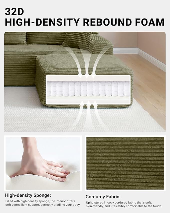 95 Inch Cloud Sectional Couch,Modular Sectional Sofa with Deep Seat,Modern Corduroy Boneless Couches with L-Shape Chaise for Living Room Bedroom,No Assembly Required (Green, Right Facing Chaise)