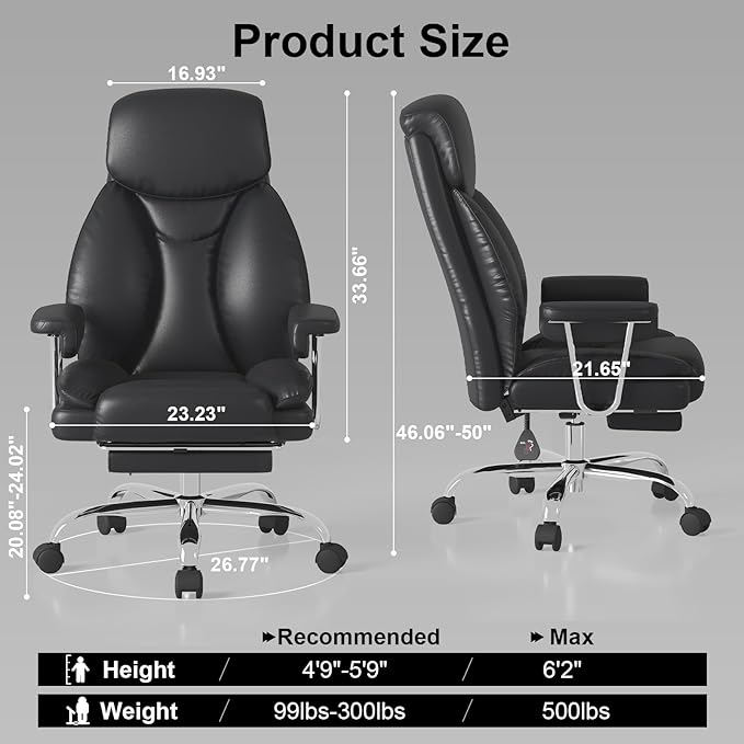 Big and Tall Office Chair, Executive Home Office Desk Chair, Comfy Leather High-Back Reclining Computer Chair with Retractable Footrest and Padded Arms, 360°Swivel Rolling Wheels, Wide Seat, Black