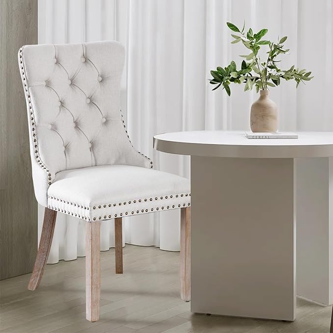 Linen Upholstered Dining Chairs Set of 4, Modern Style Kitchen Side Chairs with Nailhead Trim and Wood Leg, Metal Pulling Ring for Dining Room Living Room(Beige,Set of 4)