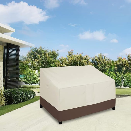 Easy-Going Waterproof Outdoor Couch Cover, Heavy Duty 3-Seater Patio Sofa Cover, Winchdproof Outdoor Furniture Cover with Air Vent (62Wx40Dx33H inch, Beige/Dark Brown)