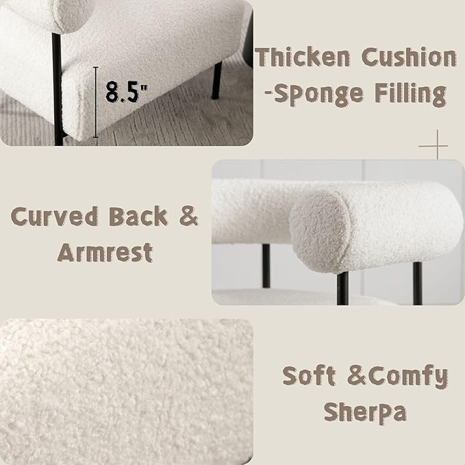 Boucle Modern Accent Chair with Curved Back, Small Living Room Vanity Chair, White Comfy Sherpa Barrel Armchair with Metal Legs & Upholstered for Bedroom, Makeup Room