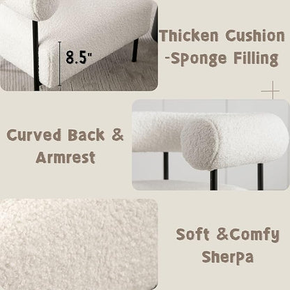 Boucle Modern Accent Chair with Curved Back, Small Living Room Vanity Chair, White Comfy Sherpa Barrel Armchair with Metal Legs & Upholstered for Bedroom, Makeup Room