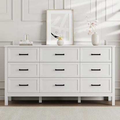 LYNSOM Farmhouse 9 Drawers Dresser for Bedroom, 55" Wide Wood Rustic Chest of Drawers with Natural Texture, Metal Handle, Storage Dressers Organizer for Entryway, Hallway, White