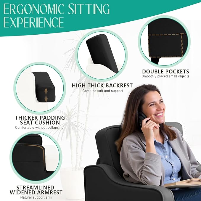 Modern Accent Chair for Bedroom Upholstered Reading Chair with Side Pockets Comfy Living Room Chairs Living Room Armchair with Wood Legs for Office, Apartment (Charcoal)
