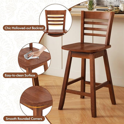 COSTWAY Bar Stools Set of 4, 24.5 Inch Swivel Counter Height Bar Chairs with Hollow Backrest & Contoured Seat, with Footrest for Kitchen Island, Pub, Bistro, Cafe (4, Walnut)