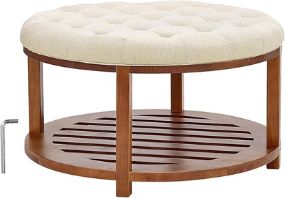 VEVOR Large Round Ottoman Coffee Table, 31.9 Inch Tufted Coffee Table with Solid Wood Shelf Storage, Linen Solid Upholstered Footrest Ottoman for Bedroom Living Room, 350 LBS, Linen Color