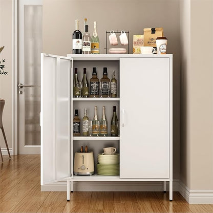 Metal Locker Cabinet, White Accent Storage Cabinets with 2 Doors And Adjustable Shelves, 3 Tier Modern Storage Freestanding Sideboard for Living Room,School,Office Home Kitchen (White, 2Doors-40"H)