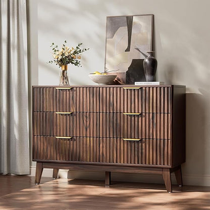 Modern 6 Drawer Dresser, Walnut, Fluted Wave Design, Rounded Corners, Mid Century Dresser TV Stand, 48" Wide Chest of Drawers for Bedroom and Living Room