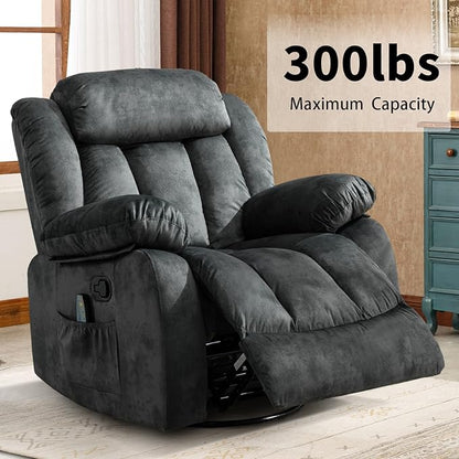 CANMOV Massage Swivel Rocker Recliner Chair with Heat and Vibration, 360 Degree Swivel Manual Recliners Antiskid Fabric Single Sofa Heavy Duty Reclining Chair for Living Room, Grey Green