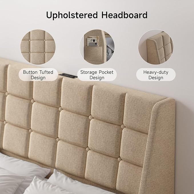 Ergonomic Upholstered Full Size Headboard w/Charging Station, Linen Wingback Headboards w/Storage Pocket, Full Headboard Only, Bed Frame Adapters, Sturdy Solid Wood Bed Head Board, Beige
