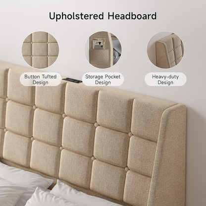 Ergonomic Upholstered Full Size Headboard w/Charging Station, Linen Wingback Headboards w/Storage Pocket, Full Headboard Only, Bed Frame Adapters, Sturdy Solid Wood Bed Head Board, Beige
