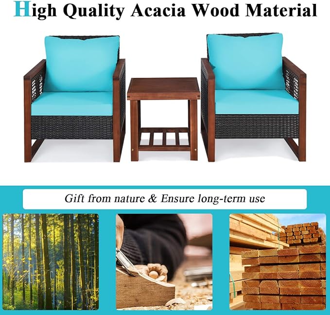 COSTWAY 3 Pieces Wicker Patio Furniture Set, Outdoor Wicker Sofa with Acacia Wood Frame, Coffee Table & Washable Cushions, Rattan Conversation Sets for Yard, Porch, Bistro Balcony Backyard, Turquoise