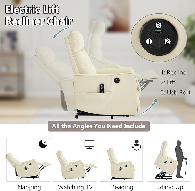 PELUMY Manual Lift Recliner Chair with Massage and Heat for Elderly, Single Motor Electric Lift Chair, Heavy Duty Recliner with USB Charging & Side Pockets (Breathable Leather, Beige)