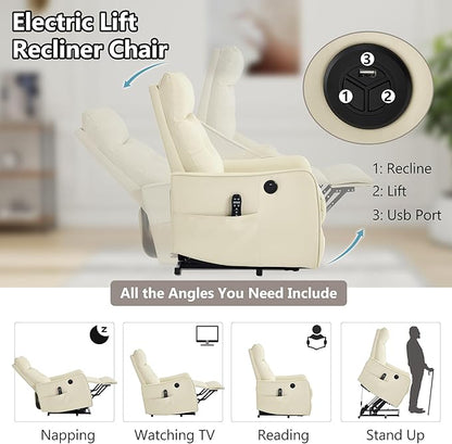 PELUMY Manual Lift Recliner Chair with Massage and Heat for Elderly, Single Motor Electric Lift Chair, Heavy Duty Recliner with USB Charging & Side Pockets (Breathable Leather, Beige)