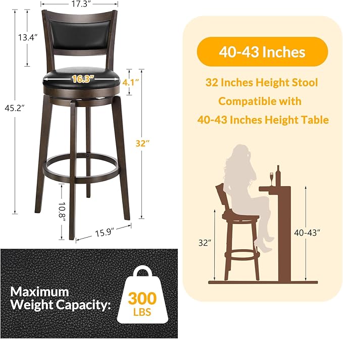 PrimeZone Swivel Bar Stools Set of 2, 32 Inch Tall Bar Height Barstools, Black Faux Leather Bar Stool with High Backrest & Solid Wood Legs & Wrap-Around Footrest, Counter Stools for Pub