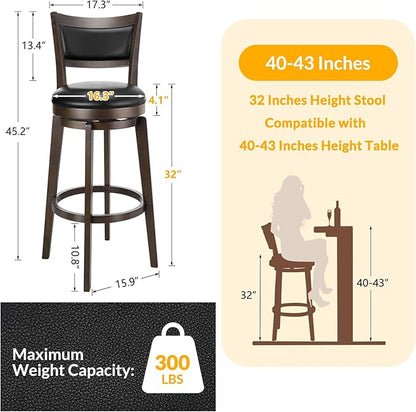 PrimeZone Swivel Bar Stools Set of 4, 32 Inch Tall Bar Height Barstools, Black Faux Leather Bar Stool with High Backrest & Solid Wood Legs & Wrap-Around Footrest, Counter Stools for Pub