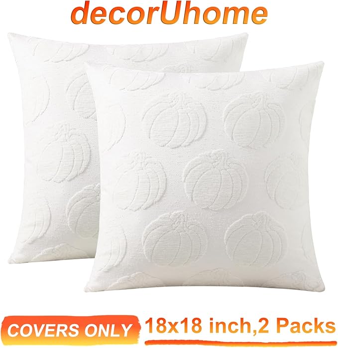 decorUhome Decorative Cream White Pumpkin Thanksgiving Throw Pillow Covers 18x18 Set of 2, Soft Chenille Jacquard Farmhouse Textured Pillow Covers for Couch Bed Sofa Autumn Harvest Halloween Holiday