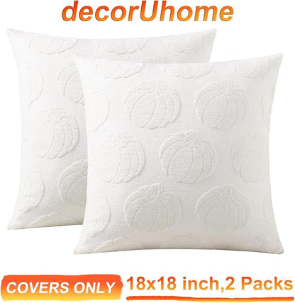 decorUhome Decorative Cream White Pumpkin Thanksgiving Throw Pillow Covers 18x18 Set of 2, Soft Chenille Jacquard Farmhouse Textured Pillow Covers for Couch Bed Sofa Autumn Harvest Halloween Holiday