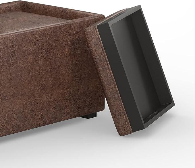 SIMPLIHOME Avalon 35 inch Wide Contemporary Rectangle 5 Pc Storage Ottoman in Distressed Chestnut Brown Vegan Faux Leather, Assembled, For the Living Room, Entryway and Family Room
