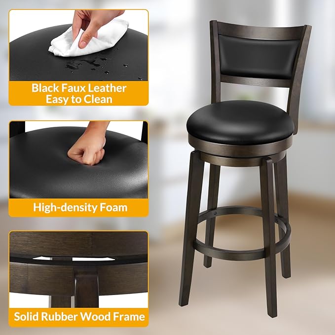PrimeZone Swivel Bar Stools Set of 6, 26 Inch Counter Height Barstools, Black Faux Leather Bar Stool with High Backrest & Solid Wood Legs & Wrap-around Footrest, Counter Stools for Kitchen Island, Pub