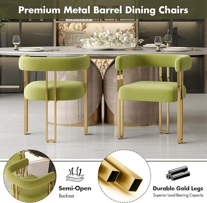 Green and Gold Modern Dining Chairs Set of 4, Velvet Upholstered Barrel Armchairs with Metal Legs for Kitchen Island, Mid Century Accent Chairs for Dining Room Living Room, Open-Back