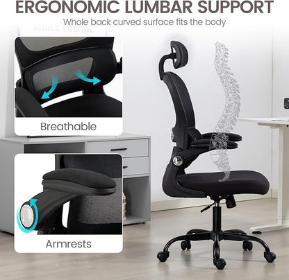 Yilaywain Ergonomic Office Chair, Home Office Desk Chair with Adjustable Headrest, High Back Computer Chair with Armrests and Lumbar Support for Home Office Study Room, Black & Gray (Black)