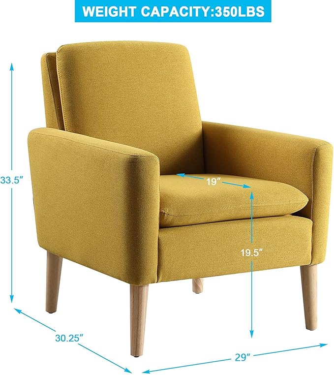 Lohoms Mid-Century Modern Accent Chair, Linen Fabric Upholstered Comfy Reading Leisure Chair for Living Room, Bedroom, Office, Waiting Room, Wood Legs, Mustard Yellow