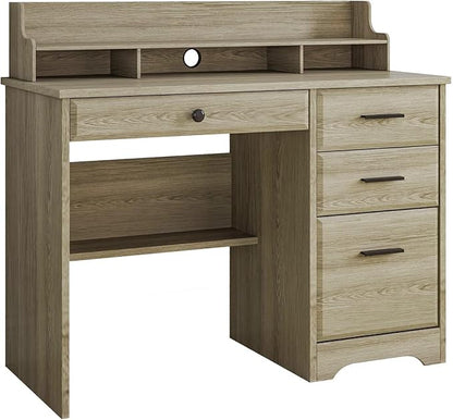 4 EVER WINNER Computer Desk with Drawers, Small Desk with Monitor Stand and File Drawer, Wood Desk with Storage, Writing Desk for Bedroom Home Offic, Grey