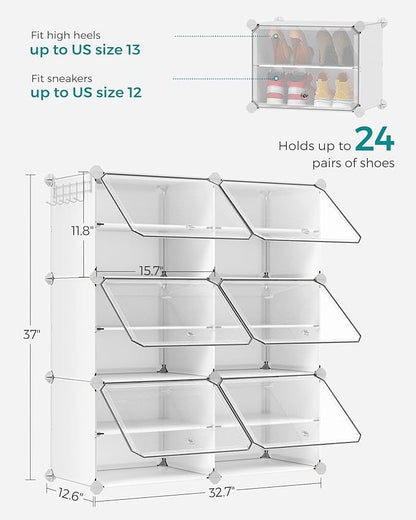 SONGMICS Shoe Rack Organizer, 6-Tier Shoe Storage Cabinet for Closet and Entryway, Holds 24 Pairs of Shoes, Adjustable, Cloud White and Trasparent ULPC033W01
