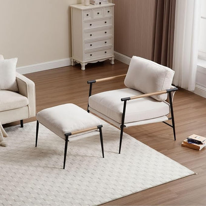 LukeAlon Upholstered Chenille Footstool, Modern Ottoman Footrest Small Shoe Stool with Black Metal Legs Mid Century Vanity Stool with Wooden Armrests for Living Room Entrance Cushion Removable, Beige