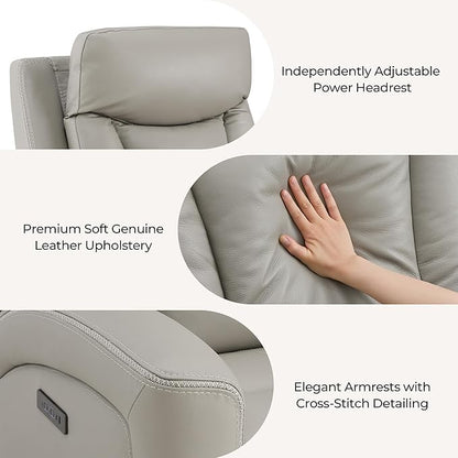 CHITA Genuine Leather Power Recliner Chair for Adults, Super Zero Gravity Recliner with Adjustable Power Headrest & USB/Type-C Ports, for Living Room, Bedroom & Home Theater, Light Gray