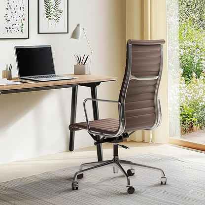 Ribbed Office Chair Top Grain Leather Desk Chair High Back Genuine Leather Swivel Chairs with Aluminum Alloy Arms & Base, with Silent Nylon Wheels, High Adjustable and Tilting Function, Brown