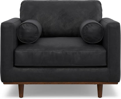 SIMPLIHOME Morrison Accent Chair - 43 inch Wide Upholstered Top Grain Genuine Leather Mid-Century Modern Arm Chair with Solid Wood Frame in Lead Black, for Living Room with 2 Bolster Pillows