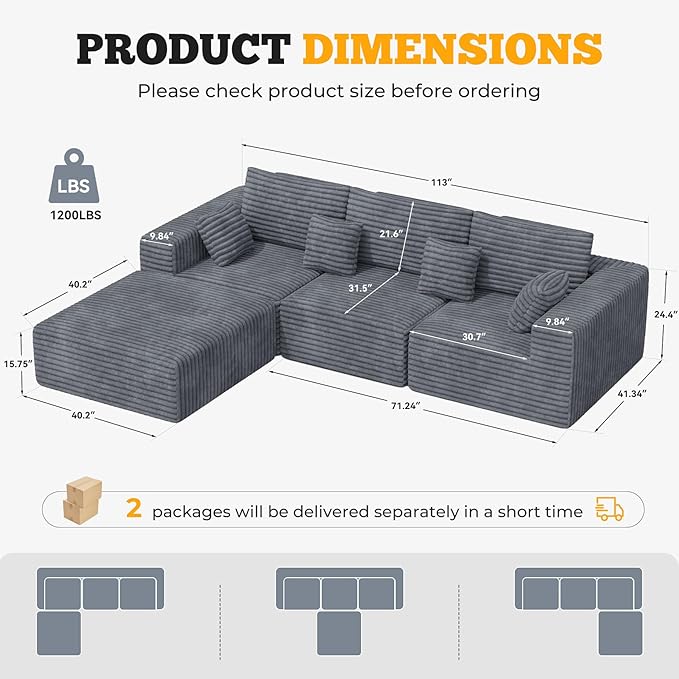 113" Modular Sectional Sofa, Convertible L-Shaped Cloud Couches for Living Room with Ottoman, 4 Seater Corduroy Boneless Couch Sofa Set, No Assembly Required, Grey 1 PCS