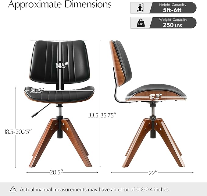 HULALA HOME Office Desk Chair with Solid Wood Legs, Adjustable Height & 360° Swivel, Comfy Bentwood Faux Leather Tufted Task Chair, Black