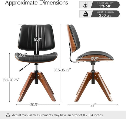 HULALA HOME Office Desk Chair with Solid Wood Legs, Adjustable Height & 360° Swivel, Comfy Bentwood Faux Leather Tufted Task Chair, Black