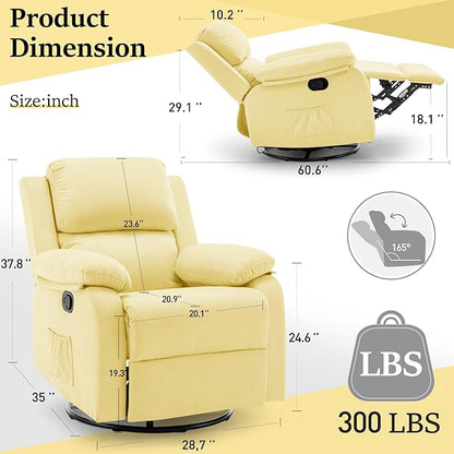 Recliner Chair, 360 Swivel Rocker Chair for Adults, Small Rocking Recliner for Small Spaces, Upholstered Fabric Glider Recliner Nursery Chair with Side Pockets for Living Room, Nursery