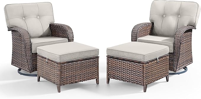 4-Piece Rotating Balcony Chair Set with 31-inch T-Shaped Wide backrest - Rattan Outdoor Rotating Balcony Chairs, Wide backrest Comfortable Outdoor Sliding Chair - Brown Rattan | Beige Cushions