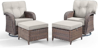 4-Piece Rotating Balcony Chair Set with 31-inch T-Shaped Wide backrest - Rattan Outdoor Rotating Balcony Chairs, Wide backrest Comfortable Outdoor Sliding Chair - Brown Rattan | Beige Cushions