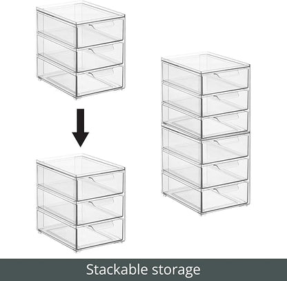 mDesign Plastic Stackable Organizer with 3 Drawers - Pull-Out Drawer Storage Bin for Bathroom Sink/Cabinet Organization - Perfect for Makeup, Small Towels, and More - Lumiere Collection, 4 Pack, Clear