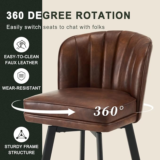 Swivel Counter Height Bar Stools Set of 3, 26'' Modern Barstools with Backs and Metal Legs, Upholstered Bar Chairs, Faux Leather Brown Stools for Kitchen Island Chairs