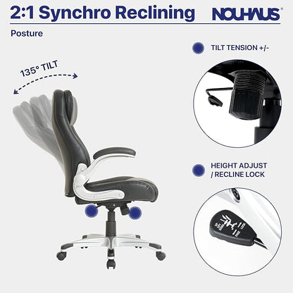 Nouhaus +Posture Ergonomic PU Leather Office Chair. Click5 Lumbar Support with FlipAdjust Armrests. Modern Executive Chair and Computer Desk Chair (Black)