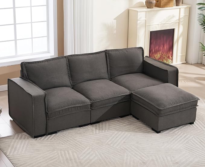 EALSON 93" Modular Sectional Sofa Comfy Cloud Couch with Ottoman Modern Convertible L Shape Couches with Wooden Legs Linen Deep Seat Couch 4-Seater Sofa for Living Room/Apartment, Grey