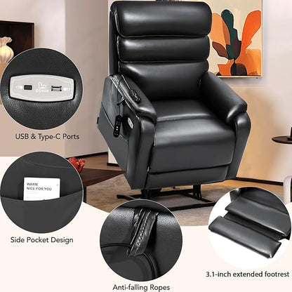EONIX Dual Motor Lay Flat Power Lift Recliner Chair for Elderly, Faux Leather Electric Lift Chairs for Adults, 400lbs Heavy Duty Power Recliner with Heat Massage Charging Ports, SLRY003, Black