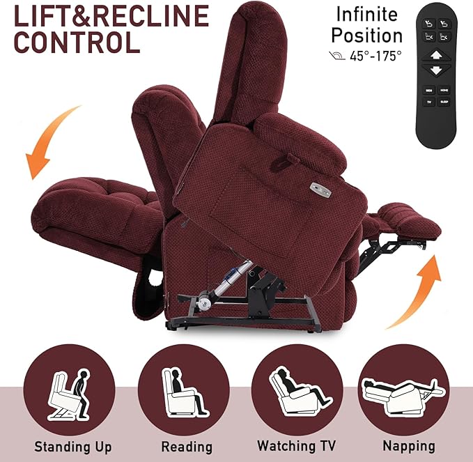 EONIX Dual Motor Wide Power Lift Recliner Chair for Elderly, Oversized Lay Flat Lift Chair with Heat and Massage and Cup Holders, 400lbs Heavy Duty Big and Tall Lift Recliner, Burgundy