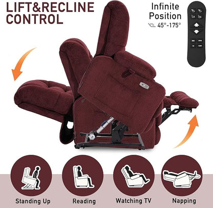EONIX Dual Motor Wide Power Lift Recliner Chair for Elderly, Oversized Lay Flat Lift Chair with Heat and Massage and Cup Holders, 400lbs Heavy Duty Big and Tall Lift Recliner, Burgundy