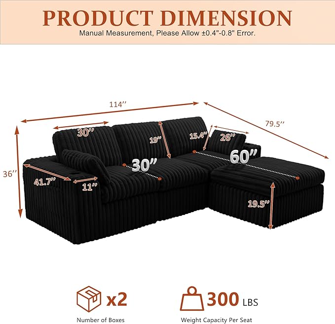 114" Cloud Boneless Sectional Couches for Living Room, Modular Sectional Sofa with Cup Holder, Cozy Fluffy L Shaped Deep Seat Boneless Couch with Storage Pocket, No Assembly Required, Black