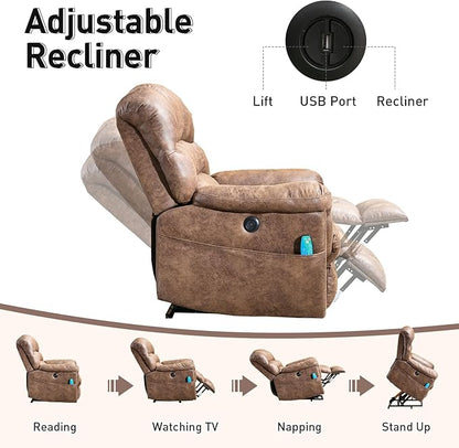 Bonzy Home Power Lift Chairs Recliner with Massage and Heating, Electric Recliner Chair with 24" Wide Seat for Big People, Full Padded Backrest, Waterproof Faux Leather, USB Charging Ports, Brown
