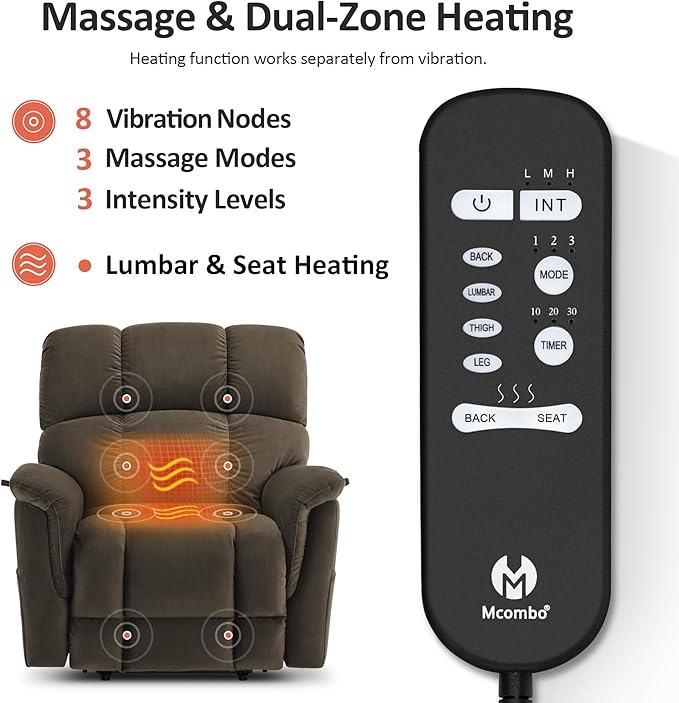 MCombo Large-Wide Dual Motor Power Lift Recliner Chair, Massage and Dual Heating for Elderly People, Infinite Position, Fabric R7166 (Coffee)