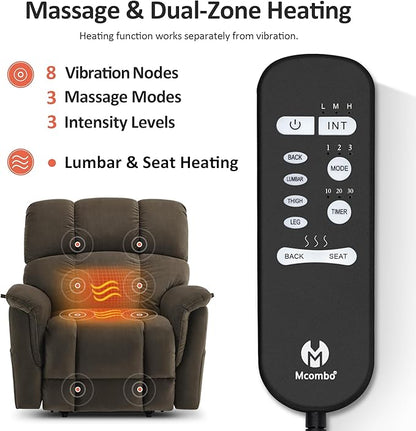 MCombo Large-Wide Dual Motor Power Lift Recliner Chair, Massage and Dual Heating for Elderly People, Infinite Position, Fabric R7166 (Coffee)